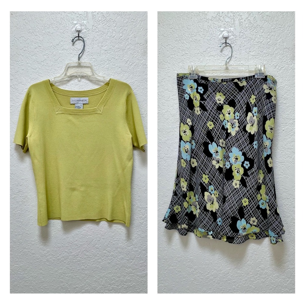 Sag Harbor VTG‎ Top Valerie Stevens Silk Skirt Set Green Floral 14W Large Y2K